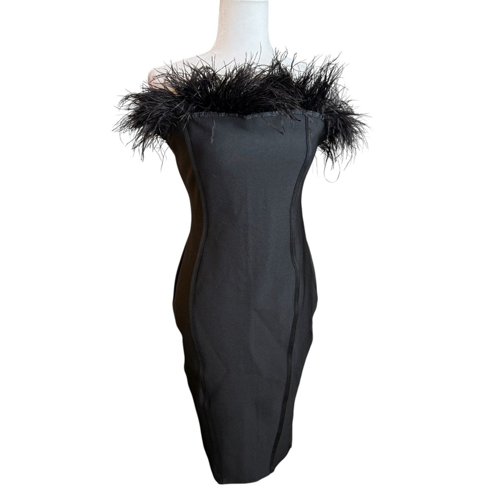 Black Feather Trim Bodycon Midi Dress L Strapless Cocktail Glam Party Sexy